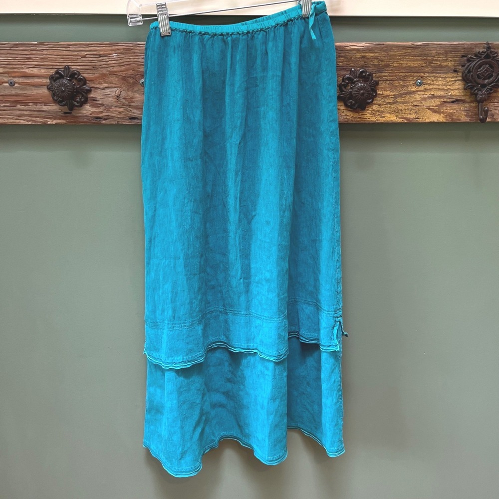 Kleen Silk Linen Crinkle Maxi Skirt Teal Blue Tiered Boho Lagenlook Small NWT